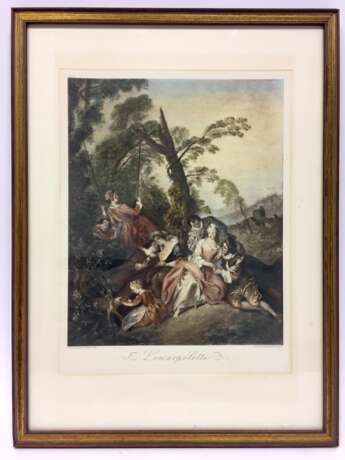 Jean-Baptiste-Joseph Pater: "L'Escarpolette", Kolorierte Ätzradierung als Handpressen-Kupfertiefdruck, im Rahmen h Glas. - фото 2