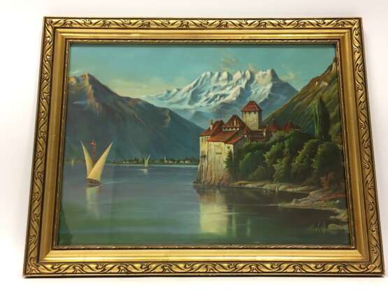 Chromolithographie / Farbiger Steindruck: Montreux, Schoß Chillon, Dents du midi, Genfer See in der franz. Schweiz, 1900 - Foto 1