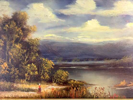 Ludwig TreichLänge: Landschaftsansicht / Gewitterstimmung am See, Öl auf Kupfer im Stuckrahmen, 20. Jahrhundert, sehr gut. - photo 1
