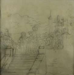 Darstellung der Hochzeit Prozession. Bleistift auf Pauspapier, im Passepartout hinter Glas gerahmt