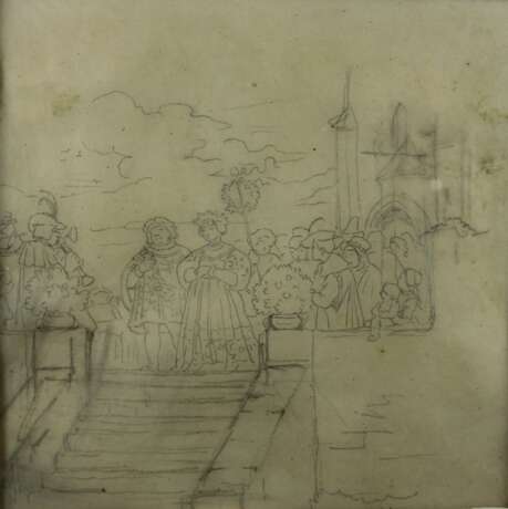 Darstellung der Hochzeit Prozession. Bleistift auf Pauspapier, im Passepartout hinter Glas gerahmt - фото 1