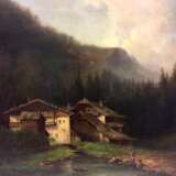 MonogrammisTiefe: Tiroler Bauernhof in den Bergen mit Bäuerin beim Fischen, Öl auf Leinwand, Biedermeier um 1830, sehr gut. - Foto 2