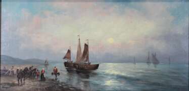 Englische Küste mit Fischern und Segelbooten, 20 Jahrhundert