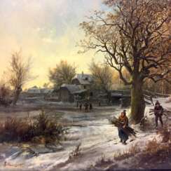Ignaz Ellminger: "Holzsammler im Winter", Realismus um 1875/80, Öl auf Leinwand, Österreich 19. Jahrhundert, sehr guter Zustand!