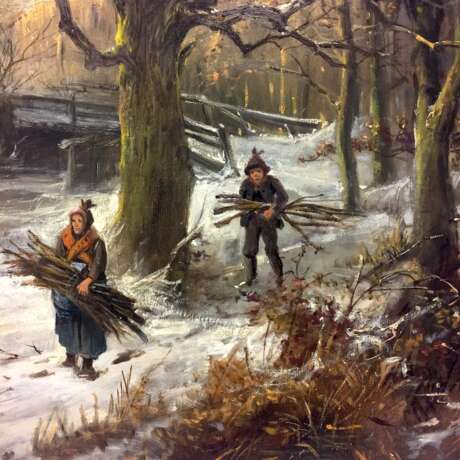 Ignaz Ellminger: "Holzsammler im Winter", Realismus um 1875/80, Öl auf Leinwand, Österreich 19. Jahrhundert, sehr guter Zustand! - фото 3