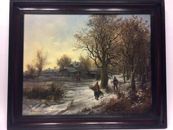 Ignaz Ellminger: "Holzsammler im Winter", Realismus um 1875/80, Öl auf Leinwand, Österreich 19. Jahrhundert, sehr guter Zustand! - photo 6