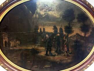 Unbekannter Künstler: Verkündigung an die Hirten auf dem Felde nach Lukas 2, Öl auf Leinwand, Ovalbild, Barock um 1650!!