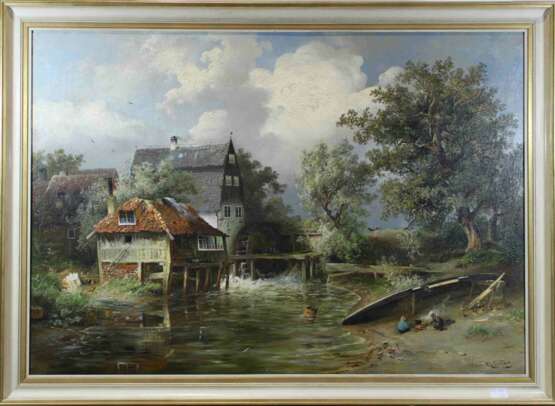 Paul Köster, (Bremen 1855 - 1931 Düsseldorf) Dorflandschaft mit Wassermühle - Foto 2
