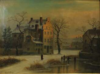 Gustav Johann Lange (Mülheim/Rhein 1811-1887 Düsseldorf), Abendstimmung über Winterlandschaft mit Eisläufern