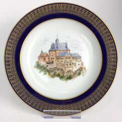 Besonderer Ansichten-Teller: Meissen Porzellan, Goldkante, Form T-glatt, Ansicht Burg Kriebstein, 1900, sehr gut, Unikat