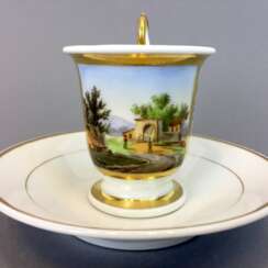 Bilder-Tasse / Ansichten-Tasse: Porzellan, von Hand bemalt, Goldrand, vergoldet, 19. Jahrhundert, sehr gut.