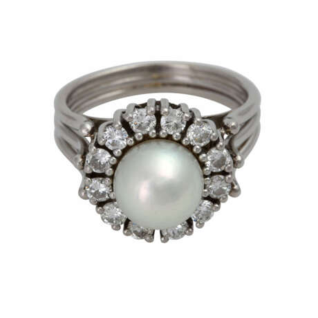 Ring mit Perle und Brillanten zusammen ca. 0,6 ct, - Foto 1