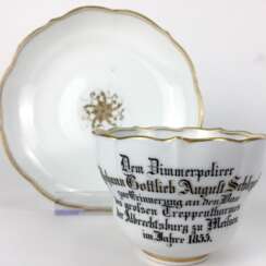 Einmalige Andenken-Tasse / Gedeck, Meissen, Goldrand, 1855, sehr gut.