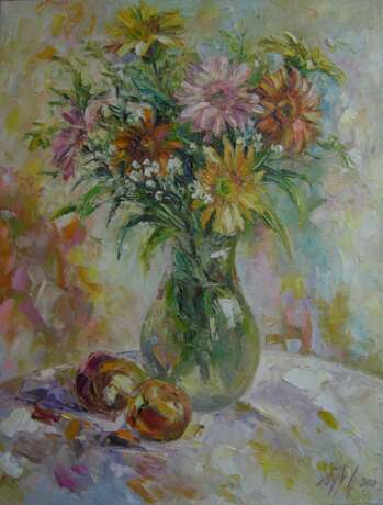 “Gerberas with peaches” Canvas Oil paint Impressionist Still life 2011 - photo 1