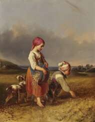 Двое детей с собакой останутся в пшеничное поле неубранной, последний собирая Колосья. , Ranftl, Иоганн Маттиас Вена 1804 - 1854 там же