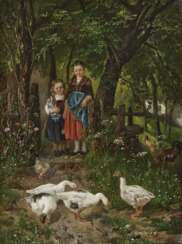 Die Gänseliesel In Begleitung eines Mädchens mit Puppe. , Sperl, Johann 1840 Buch b. Fürth - 1914 Bad Aibling