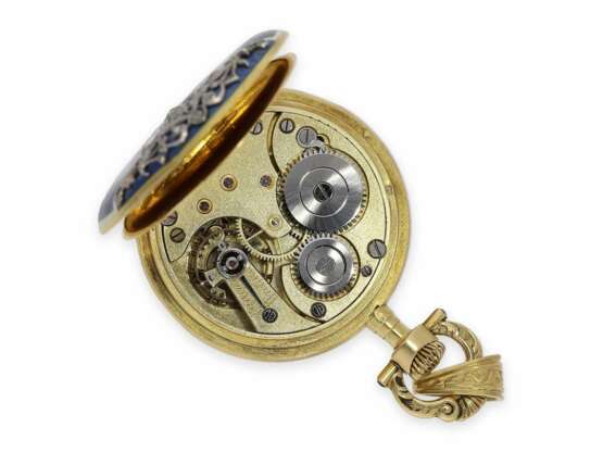 Taschenuhr/Anhängeuhr: extrem rare Omega Gold/Emaille/Platin-Damenuhr mit Diamantbesatz, Art Nouveau, ca.1900 - Foto 3