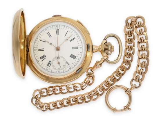 Taschenuhr: schwere, rotgoldene Savonnette mit Repetition und Chronograph und schwerer, rotgoldener Uhrenkette, vermutlich A. Lugrin um 1900 - photo 2