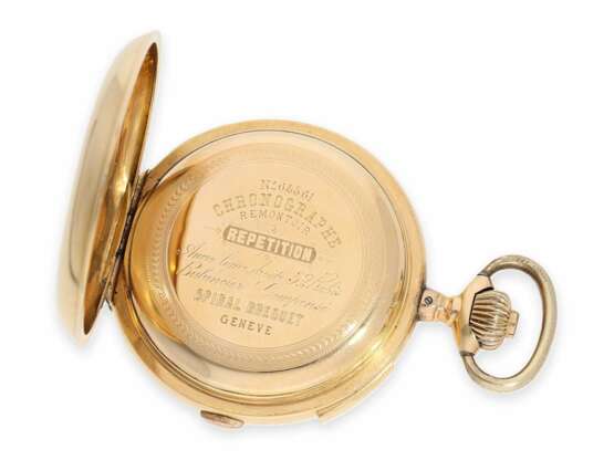 Taschenuhr: schwere, rotgoldene Savonnette mit Repetition und Chronograph und schwerer, rotgoldener Uhrenkette, vermutlich A. Lugrin um 1900 - photo 7
