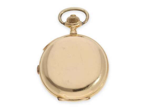 Taschenuhr: schwere, rotgoldene Savonnette mit Repetition und Chronograph und schwerer, rotgoldener Uhrenkette, vermutlich A. Lugrin um 1900 - photo 9