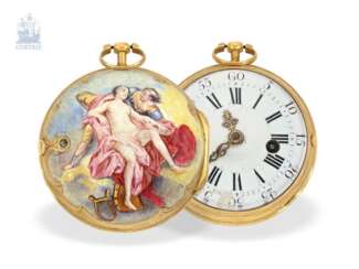 Taschenuhr: frühe Rokoko Gold/Emaille-Spindeluhr mit erotischem Motiv, königlicher Uhrmacher Julien Le Roy, ca.1740