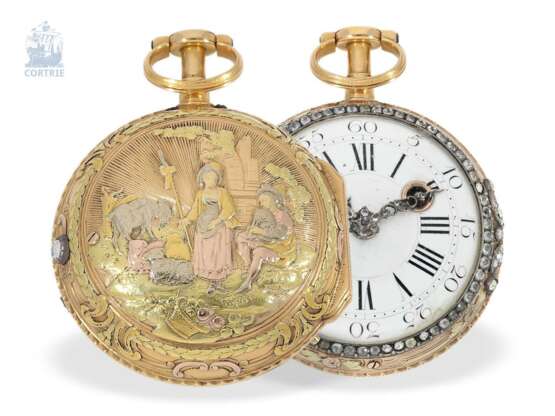Taschenuhr: besonders prächtige 20K Gold 4-Farben Spindeluhr mit Repetition und Steinbesatz, Dufalga Geneve, ca.1770 - Foto 1