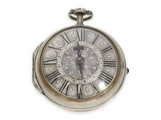 Taschenuhr: interessante, frühe Genfer Doppelgehäuse-Spindeluhr, bedeutender Genfer Uhrmacher, François Dentand, Schüler von Henry Arlaud, ca. 1690 - Foto 4