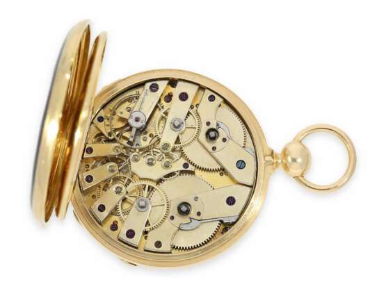 Taschenuhr: einzigartige, frühe Gold/Emaille-Taschenuhr mit Seconde Morte und 2 Zeitzonen, Jacot Locle No.14932, ca.1850 - Foto 3