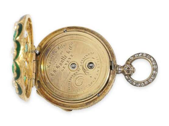 Taschenuhr/Anhängeuhr: äußerst kostbare und einzigartige Gold/Emaille-Damenuhr mit sehr wertvollem Edelsteinbesatz, Rossel & Fils, Successeurs de Bautte & Cie., Geneve ca.1850 - Foto 4