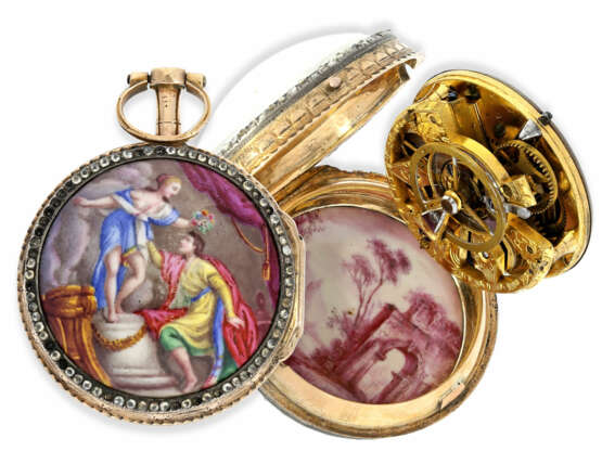 Taschenuhr: hochfeine und sehr seltene Damen-Spindeluhr mit skelettiertem Werk, 2 Emaille-Gemälden und Steinbesatz, königlicher Uhrmacher L'Epine a Paris, ca.1765 - Foto 1