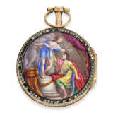 Taschenuhr: hochfeine und sehr seltene Damen-Spindeluhr mit skelettiertem Werk, 2 Emaille-Gemälden und Steinbesatz, königlicher Uhrmacher L'Epine a Paris, ca.1765 - photo 2