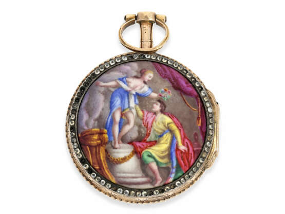 Taschenuhr: hochfeine und sehr seltene Damen-Spindeluhr mit skelettiertem Werk, 2 Emaille-Gemälden und Steinbesatz, königlicher Uhrmacher L'Epine a Paris, ca.1765 - photo 2