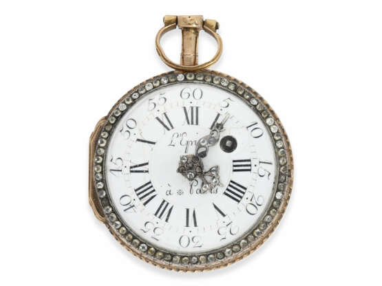 Taschenuhr: hochfeine und sehr seltene Damen-Spindeluhr mit skelettiertem Werk, 2 Emaille-Gemälden und Steinbesatz, königlicher Uhrmacher L'Epine a Paris, ca.1765 - Foto 3