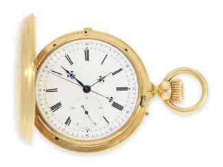 Taschenuhr: technisch hochinteressante und sehr feine, schwere Goldsavonnette mit Chronograph mit unabhängiger Sekunde und "1/5 Diablotine", Serretan a Lausanne 1872