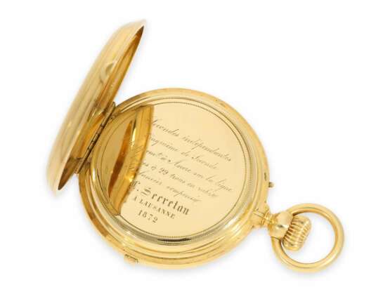 Taschenuhr: technisch hochinteressante und sehr feine, schwere Goldsavonnette mit Chronograph mit unabhängiger Sekunde und "1/5 Diablotine", Serretan a Lausanne 1872 - Foto 7