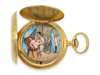 Taschenuhr: schwere 18K Prunksavonnette mit Repetition und verstecktem erotischen Automat, ca.1910, signiert Marchand & Sandoz