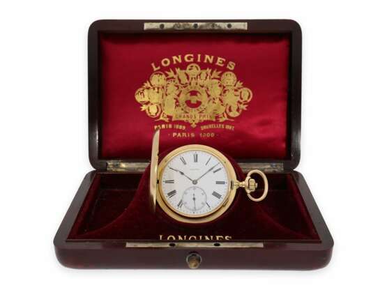 Taschenuhr: hochfeine, große goldene Savonnette mit Minutenrepetition, Chronometer Longines No. 2542462, mit Originalbox, ca. 1915 - photo 1