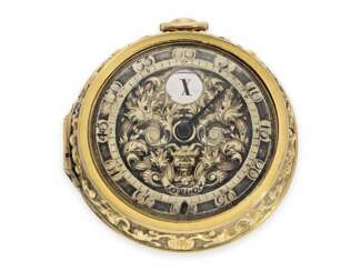 Pocket watch: very rare, early einzeigrige English repoussé technology Spindeluhr jump hour "the rape of Europe", John Bushman, London, CA. 1690
