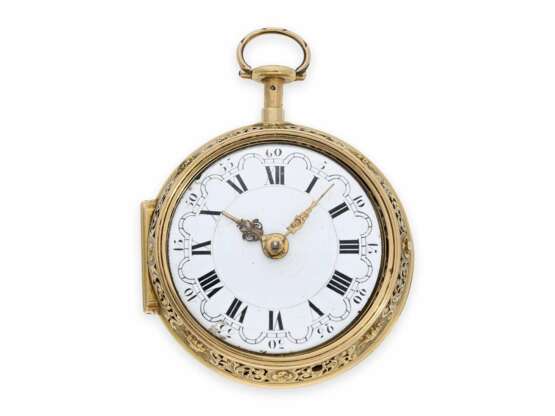 Taschenuhr: goldene englische Doppelgehäuse-Spindeluhr von herausragender Qualität und sehr früher a toc et a tact Repetition, bedeutender Uhrmacher: Fromanteel & Clarke, London, ca.1690-1700 - Foto 1