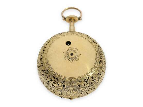 Taschenuhr: goldene englische Doppelgehäuse-Spindeluhr von herausragender Qualität und sehr früher a toc et a tact Repetition, bedeutender Uhrmacher: Fromanteel & Clarke, London, ca.1690-1700 - photo 4