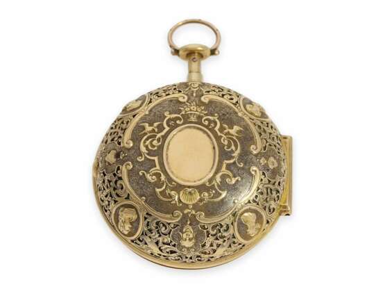 Taschenuhr: goldene englische Doppelgehäuse-Spindeluhr von herausragender Qualität und sehr früher a toc et a tact Repetition, bedeutender Uhrmacher: Fromanteel & Clarke, London, ca.1690-1700 - Foto 6