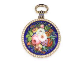 Taschenuhr: beeindruckende und extrem seltene, mit Orientperlen besetzte Goldemaille-Taschenuhr, gefertigt für den chinesischen Markt - "Sommerblumenbouquet", zugeschrieben Bovet No.200, ca.1830