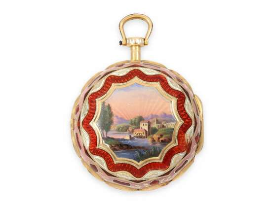 Taschenuhr: sehr wertvolle, doppelseitig verglaste Gold/Emaille-Spindeluhr mit 3 Gehäusen, gefertigt für den osmanischen Markt, Markwick Markham No.24713, ca. 1813 - Foto 4