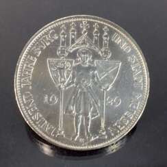 Weimarer Republik: Münze 3 Reichsmark 1929 E, 1000 Jahre Burg und Stadt Meissen, vorzüglich-stempelglanz, Silber.