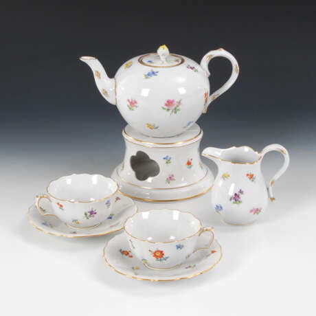 Teekanne, Stövchen, Milchkännchen und 2 Tassen, MEISSEN - Foto 1
