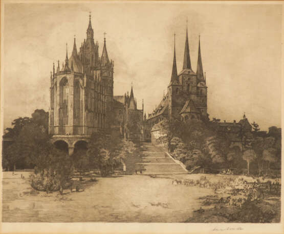 Undeutlich signiert: Ansicht des Erfurter Domes und Severikirche - Foto 1