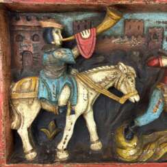 Relief-Bild aus Holz / Holz-Relief: Plastisch herausgearbeitete Treibjagd auf einen Keiler, farbig gefasst, 18. Jahrhundert