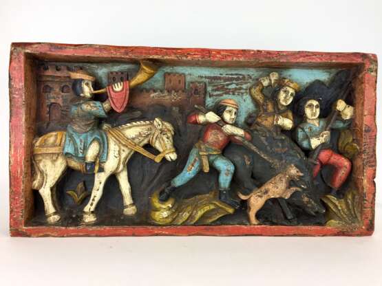 Relief-Bild aus Holz / Holz-Relief: Plastisch herausgearbeitete Treibjagd auf einen Keiler, farbig gefasst, 18. Jahrhundert - photo 3