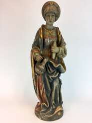 Unbekannter Künstler: Holzfigur / Holzplastik, Heilige Elisabeth von Thüringen, Lindenholz gefasst, frühes 19. Jahrhundert