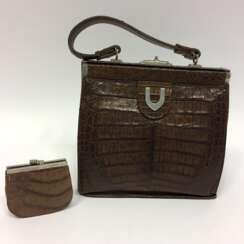 Tasche / Handtasche und dazu Geldbörse / kleine Tasche: Krokodil / Krokodilleder, Art-Deko um 1925, sehr gut.
